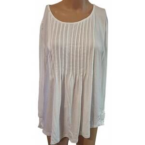 Women's White Long Sleeve Lightweight Tunic Blouse Crewneck Pleated Top Size M